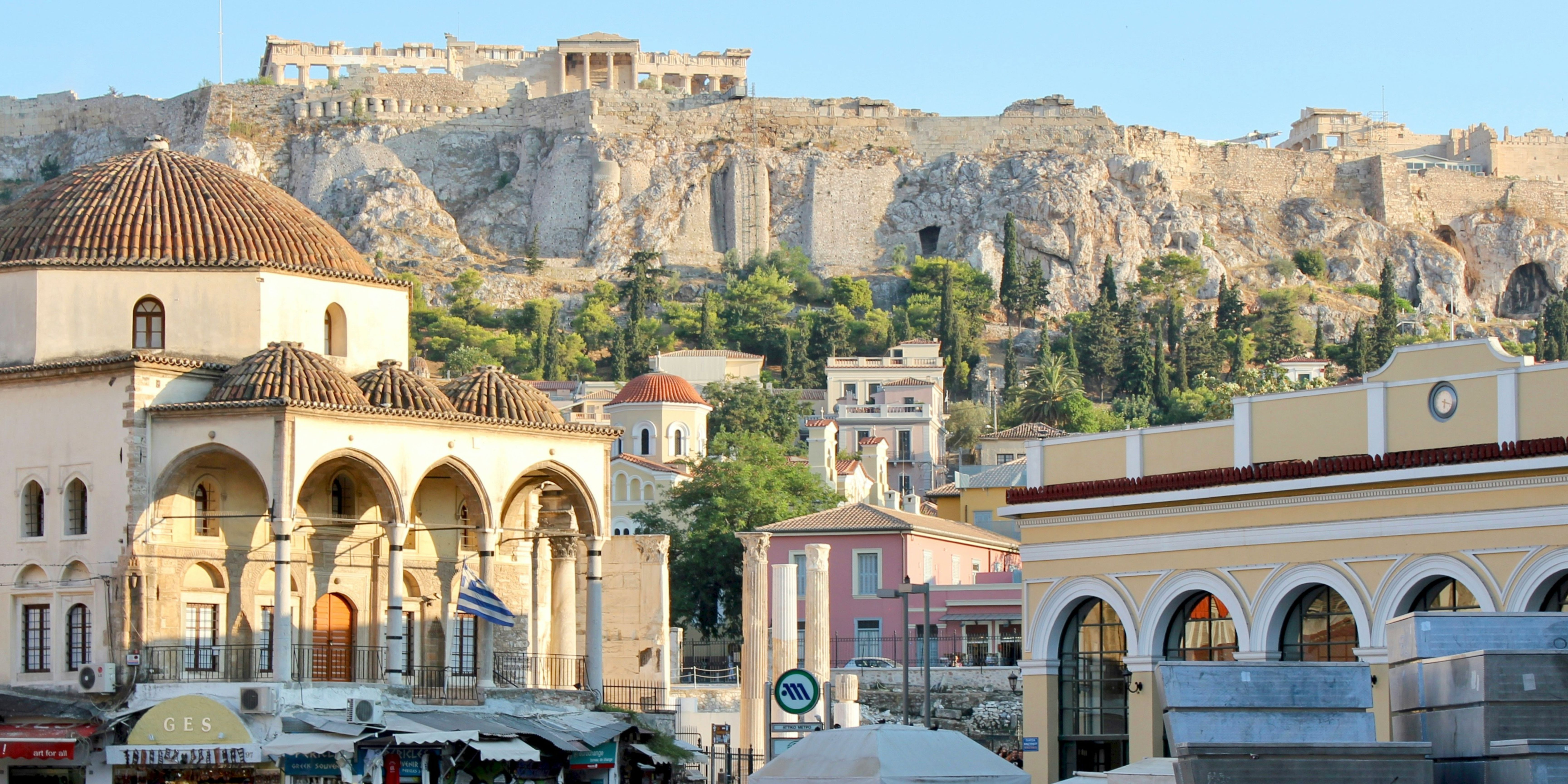 View of Monastiraki Square with the Acropolis in the background.